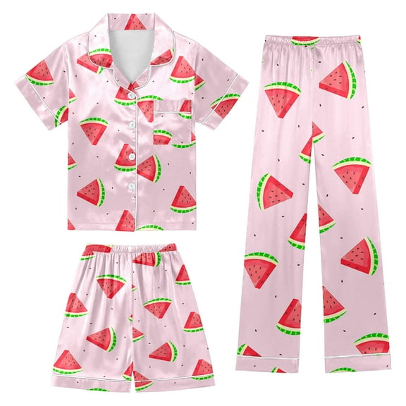 Girls Pajamas 3 Piece Set Button Down Pjs Short Sleeve Top Shorts & Long Pants Cute HeartValentine's Day Pajama Outfit with Pockets Nightwear Loungewear for 4t-15years Nighty for Teens