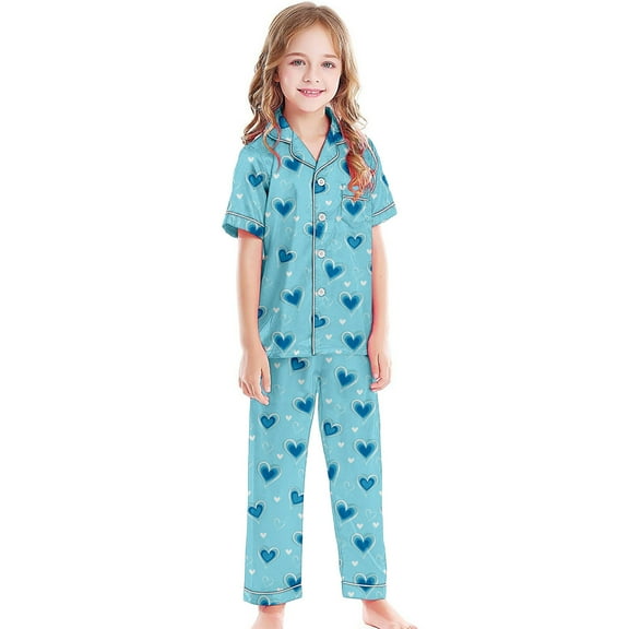 Girls Pajamas 3 Piece Set Size 7-8 Button-Down Pjs Short Sleeve Top Shorts & Long Pants Cute Patterns Valentine's Day Pajama Sets Silky Nightwear Lounge Sleepwear for Kids
