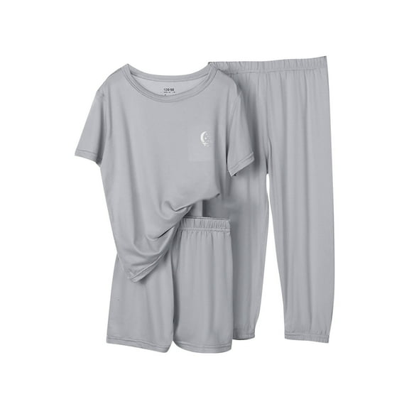 Girls Pajamas 3 Piece Set Size 7-8 Summer Short Sleeve Pjs Tees Pants Shorts Ice Silk Soft Sleepwear Gray, 7 Years