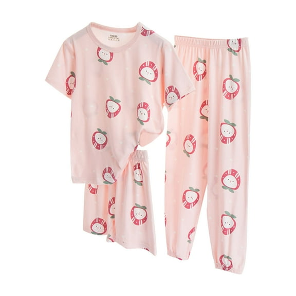 Girls Pajamas 3 Piece Set Size 7-8 Summer Short Sleeve Pjs Tees Pants Shorts Ice Silk Soft Sleepwear Pink, 7 Years