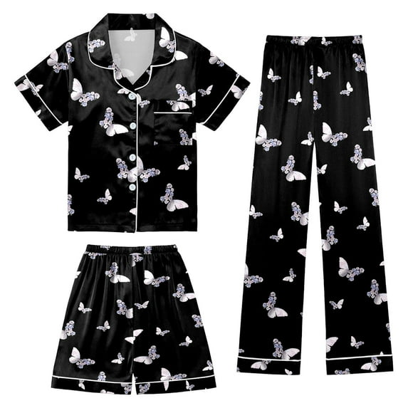 Girls Pajamas 3Pcs Satin Button Down Pjs Short Sleeve Top Shorts & Long Pants Cute Patterns Valentine's Day Pajama Sets Silky Nightwear Sleepwear Nighty