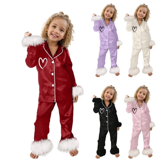 Girls Pajamas Children Valentine's Day Solid Color Casual Comfort Cozy Plush Long Sleeve Button Down Shirt and Loungewear Trousers 2-Piece Outfits Set Size 3-4