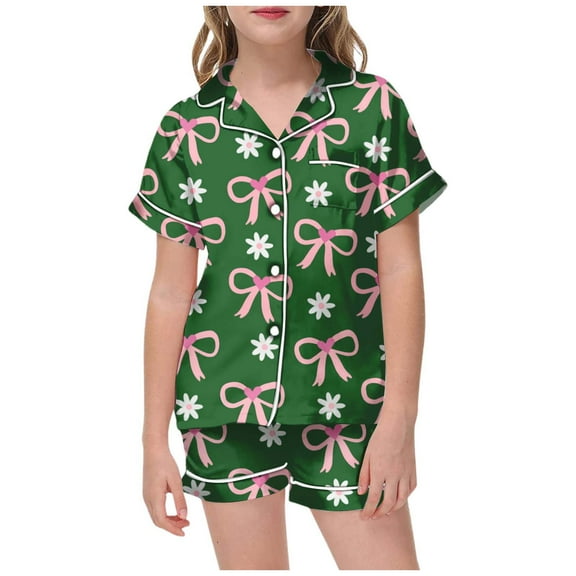 Girls Pajamas Girls 2 Piece Pajamas Set Bow Print Short Sleeve Elastic Waist Shorts Pjs Set Pjs Girls Army Green 10 Years-11 Years