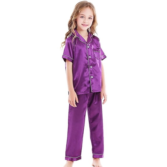 Girls Outfits Kids Satin Silk Short Sleeves Button Down Loungewear Shirts Pants Girls' Loungewear