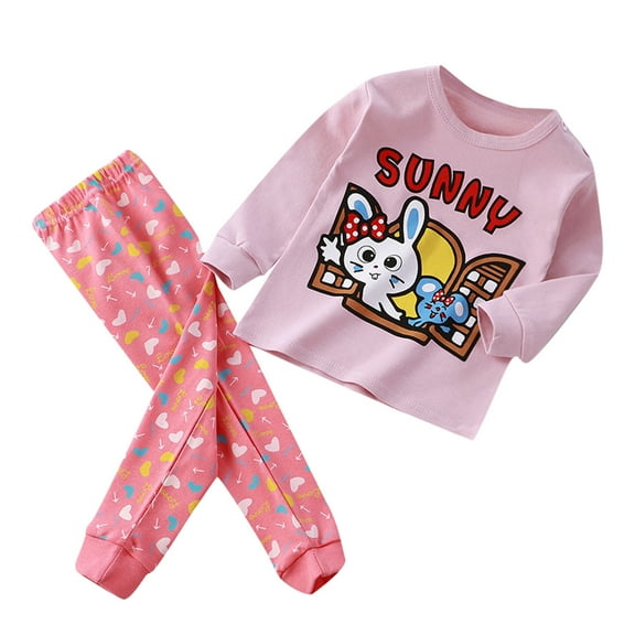 Girls Pajamas Kids Soft Cute Bunny Love Prints Long Sleeve Sweet Tops Pants Pajama Set Baby Girl Outfits Pink 12 Months-18 Months