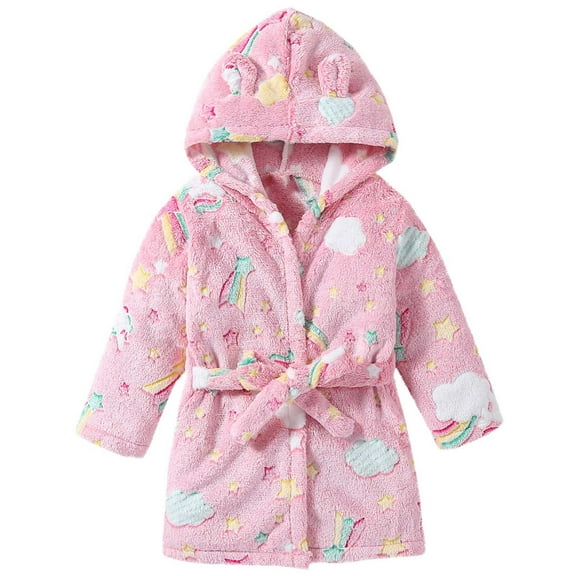 Girls Pajamas Robe Cute Flannel Hooded Bathrobes Rainbow Long Sleeve Fluffy Robes with Belt Soft Toddler Pajamas Sleepwear, Pink, 5 Years