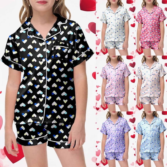 Girls Pajamas Satin Pajama Set Silk Pjs Short Sleeve Button Down Summer Bow Sleepwear for Big Kids Valentine's Day Printed Short Sleeve Shorts Two Piece Pajama Set Z10-Black,120
