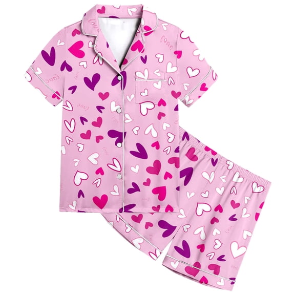 Girls Pajamas Satin Pajama Set Silk Pjs Short Sleeve Button Down Summer Bow Sleepwear for Big Kids Valentine's Day Printed Short Sleeve Shorts Two Piece Pajama Set