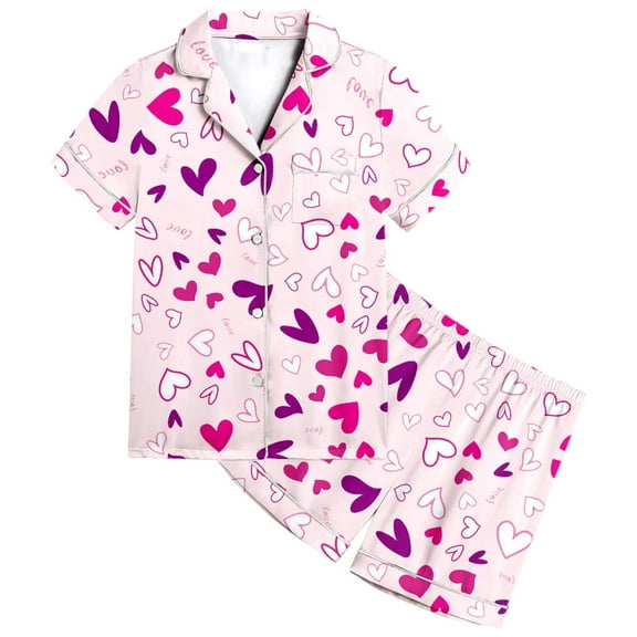 Girls Pajamas Satin Pajama Set Silk Pjs Short Sleeve Button Down Summer Bow Sleepwear for Big Kids Valentine's Day Printed Short Sleeve Shorts Two Piece Pajama Set