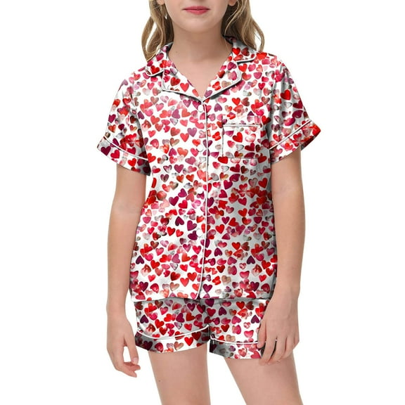 Girls Pajamas Satin Pajama Set Silk Pjs Short Sleeve Sleepwear 2 Piece Sets Pajamas for Kids Children Graphic Print Short Sleeve Button Shirt Shorts Pajama Set