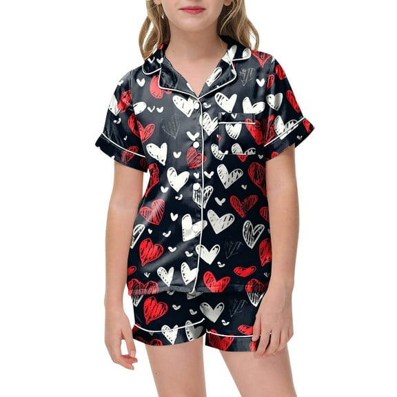 Girls Pajamas Satin Pajama Set Silk Pjs Short Sleeve Sleepwear 2 Piece Sets Pajamas for Kids Children Graphic Print Short Sleeve Button Shirt Shorts Pajama Set