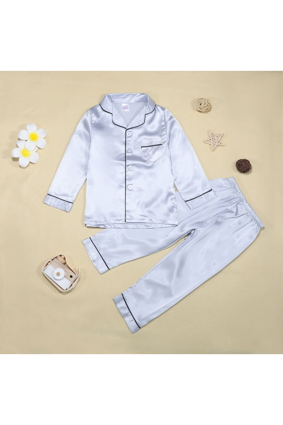 Girls Pajamas Set Satin Long Sleeve Top and Pants 2 Piece Cute Jammies Solid Color Lightweigh Sleepwear Silver 5-6 Years