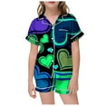 thumbnail image 1 of Pajama Set for Girls 2PC Lapel Button Down Valentine's Day Multicolor Boys Short Loungewear and Pant 2 Piece Kids Outfits(130 6-7 Years,Green), 1 of 4