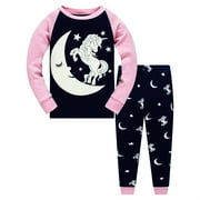 POPSHION Girls Pajamas Sets Long Sleeve Luminous Unicorn Rainbow Pajamas 100% Cotton Kids Clothes Toddler Sleepwear 3T
