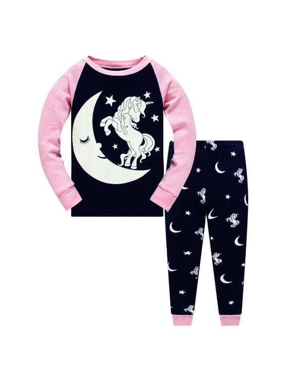 Girls Pajamas Sets Long Sleeve Luminous Unicorn Rainbow Pajamas 100% Cotton Kids Clothes Toddler Sleepwear 6T