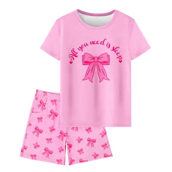 Girls Pajamas Sets Short Sleeve Summer Pjs for Girls Bow Sleepwear Clothes Sets Size 3-16