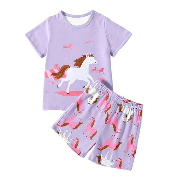 Girls Pajamas Short Sleeve Shorts Set Casual Cartoon Horse Print Comfortable Playwear for Toddler Kids Daily Wear Outdoor Size 2-12 Years