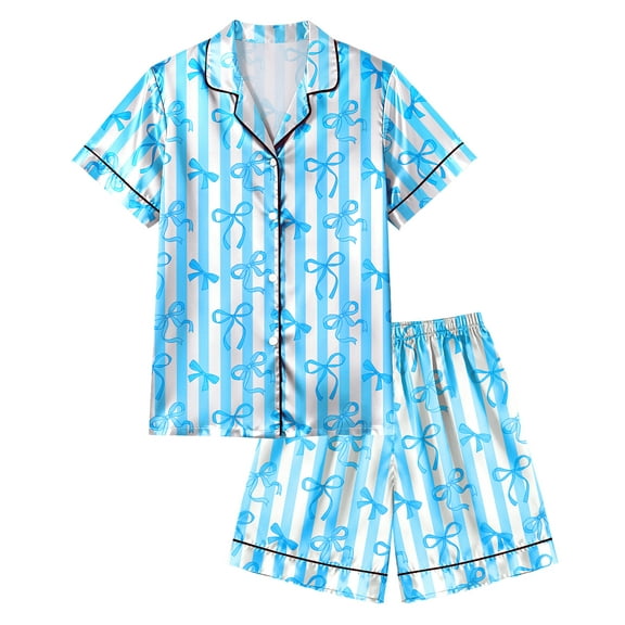 Girls Pajamas Silk PJS Set Bow Satin Sleepwear Short Sleeve Jammies for Kids Button-Down Nightwear size 7-8 10-12
