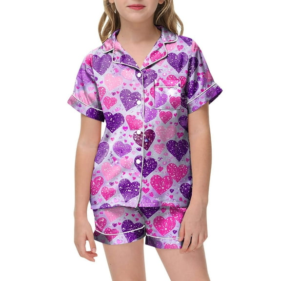 Girls Pajamas Silk PJS Set Pink Bow Satin Sleepwear Short Sleeve Jammies for Kids Button-Down Nightwear Valentine's Day Printed Short Sleeved Shorts Two Piece Pajama Set
