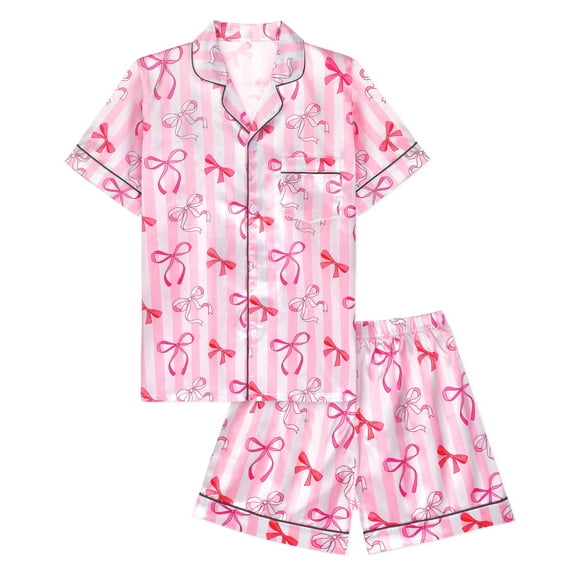 Girls Pajamas Silk PJS Set Pink Bow Satin Sleepwear Short Sleeve Jammies for Kids Button-Down Nightwear size 7-14