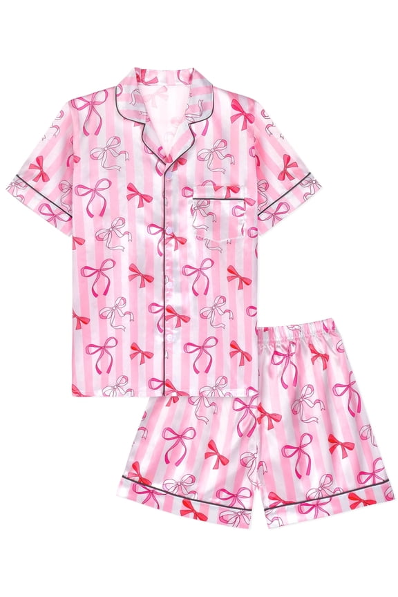 Girls Pajamas Silk PJS Set Pink Bow Satin Sleepwear Short Sleeve Jammies for Kids Button-Down Nightwear size 7-14