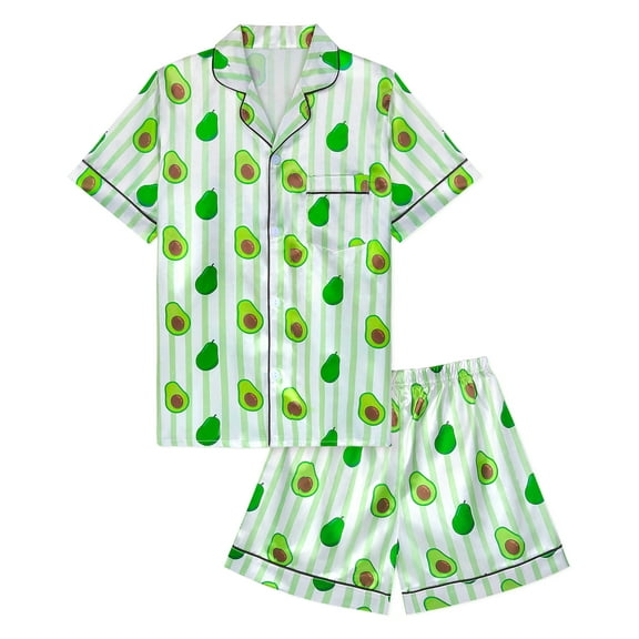 Girls Pajamas Silk PJS Set Pink Bow Satin Sleepwear Short Sleeve Jammies for Kids Button-Down Nightwear size 7-14