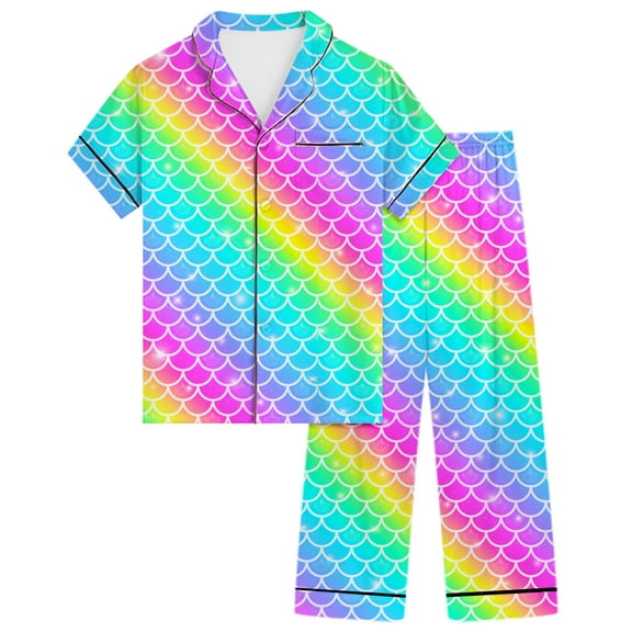 Girls Pajamas Silk PJS Set Rainbow Unicorn Sleepwear Short Sleeve Long Pants Jammies for Toddler Kids