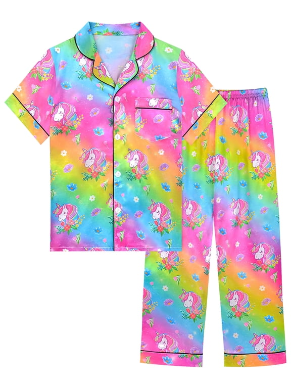 Girls Pajamas Silk PJS Set Rainbow Unicorn Sleepwear Short Sleeve Long Pants Jammies for Toddler Kids