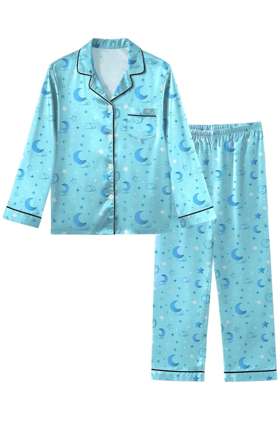 Girls Pajamas Silk PJS Set Satin Sleepwear Long Sleeve Jammies for Kids Button-Down Nightwear Loungewear 7-8 Years