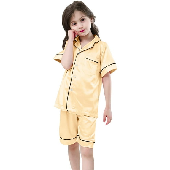 Girls Pajamas Size 10-12 Solid Crew Neck Short Sleeve Kids Sleepwear Sets Soft Cute Elastic Waistband Pajamas Kids,Gold,12-13 Years