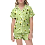 BINBANGQI Girls Pajamas Size 10-12 Summer Classic Fit Animal Printing Breathable Button Down Shirt Kids Bee Day Sleepwear Nightwear Loungewear Clothes Set Gifts,A1-Green,130(6-7 Years)