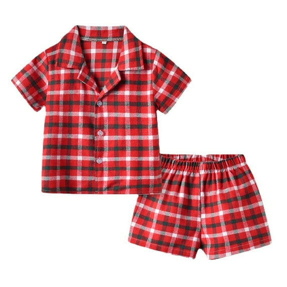 Girls Pajamas Size 3-4 Years Girls' Plaid Pajama Set Button Collar Short Sleeve Summer Sleepwear Clothes Trendy Matching Kids Pajamas #Red