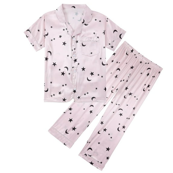 Girls Pajamas Spring Summer Short Sleeve Cartoon Button Down Tops Long Pants Toddler Girl Clothes Pink