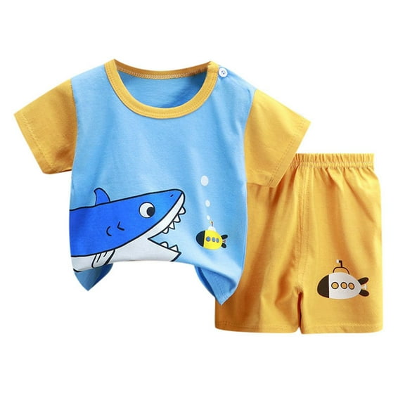 Girls Pajamas Toddler Kids Summer Cartoon Shark Prints Short Sleeve Tops Shorts 2 Piece Pajama Set Lightweight Breathable Cotton Outfit Baby Boy Pajamas Sky Blue 3 Years-4 Years