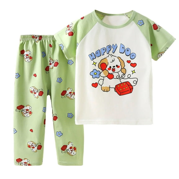Girls Pajamas Toddler Kids Summer Cotton Pajama Set Cartoon Dog Printed Short Sleeved Tops and Shorts Kids' Pajamas Green 18 Months-24 Months