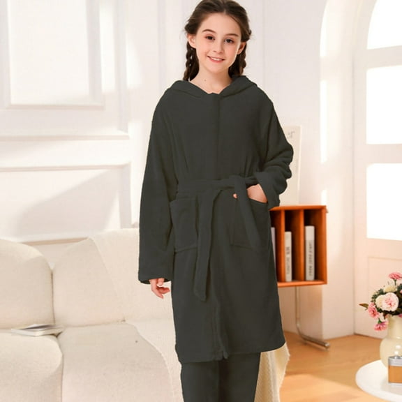 Girls' Pajamas for Autumn and Winter Baby Coral Dress Home Wear Bathrobe Black 5-6 Years