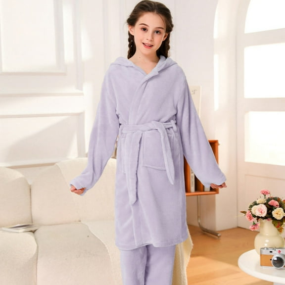 Girls' Pajamas for Autumn and Winter Baby Coral Dress Home Wear Bathrobe Light Purple 11-12 Years