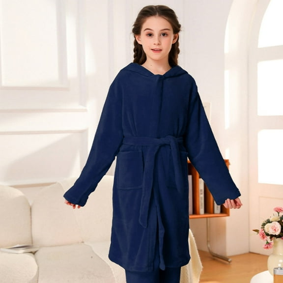 Girls' Pajamas for Autumn and Winter Baby Coral Dress Home Wear Bathrobe Navy 8-10 Years