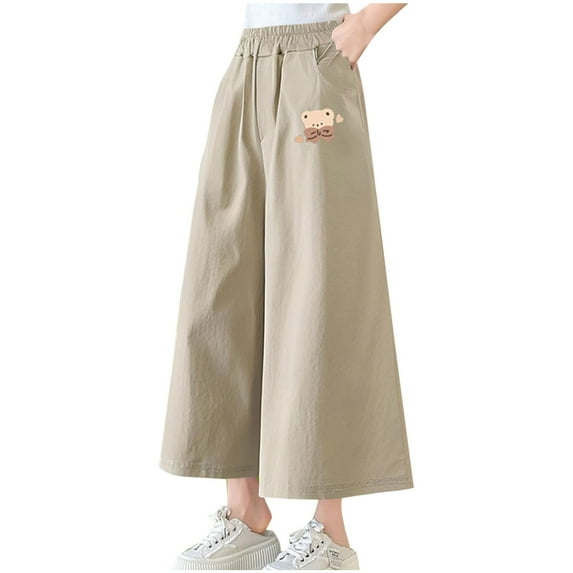 Girls Palazzo Capri Pants Quick Dry Baggy Wide Leg Capris with Pockets High Waist Casual Loose Kids Slacks 13 Years, Khaki