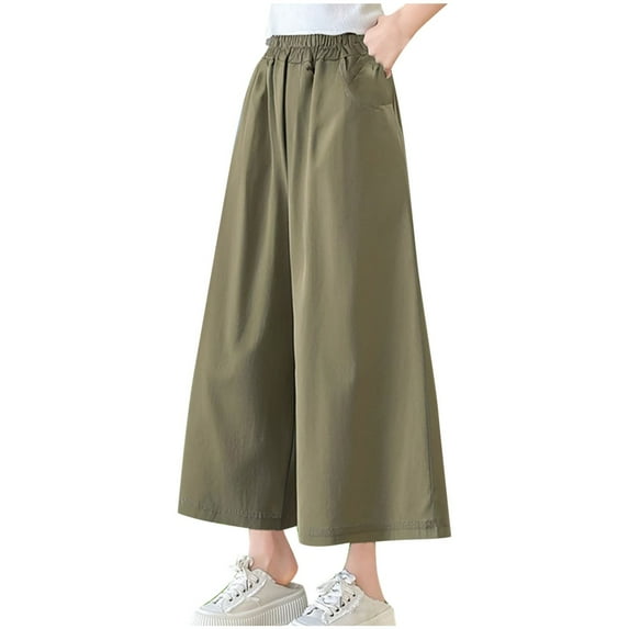 Girls Palazzo Capri Pants Quick Dry Baggy Wide Leg Capris with Pockets High Waist Casual Loose Kids Slacks 15 Years, Army Green