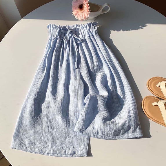 Girls Palazzo Drawstring Pants - Loose Fit Soft Rayon Summer Trousers Light Blue,Size 3-4T