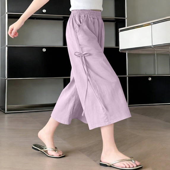 Girls Palazzo Pants Wide Leg Casual Elastic Waist Crop Trousers Summer Lightweight Soft Lounge Bottoms with Side Tie Purple,Size 3-4T