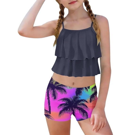Girls' Palm Tree Print Tankini Swimsuit Set with Ruffle Top & Swim Shorts - Quick Dry, Chlorine Resistant,Size 6-7 T