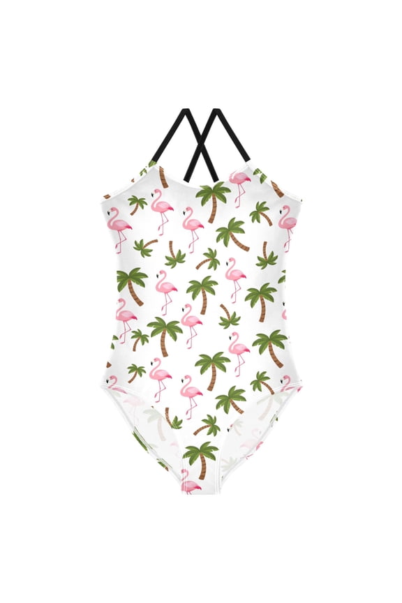 Girls Palm Trees Flamingo Print One Piece Swimsuit, Cross Back Spaghetti Strap Bathing Suit for Kids Summer Beach Pool Swimwear 5-6T