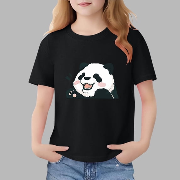 Girls' Panda T-Shirt, Black Cotton Short Sleeve Graphic Tee with Cartoon Print for Kids Kids Kids 2-13 Years,Size 4-5 T