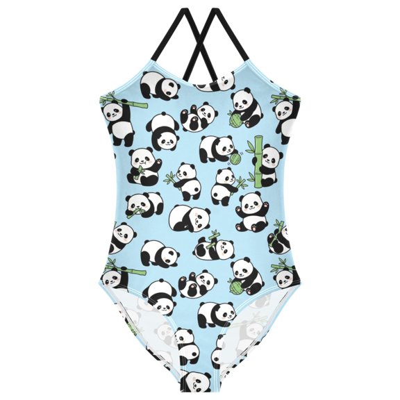 Girls Pandas Cute Print One Piece Swimsuit, Cross Back Spaghetti Strap Bathing Suit for Kids Summer Beach Pool Swimwear 7-8T