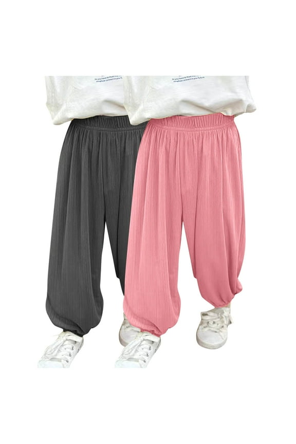 Girls Pants 2 Pack - Soft Cotton Summer Cooling Long Pants Loose Fit Cinched Bottom Elastic Waist Trouser (11 Years, Pink 01)