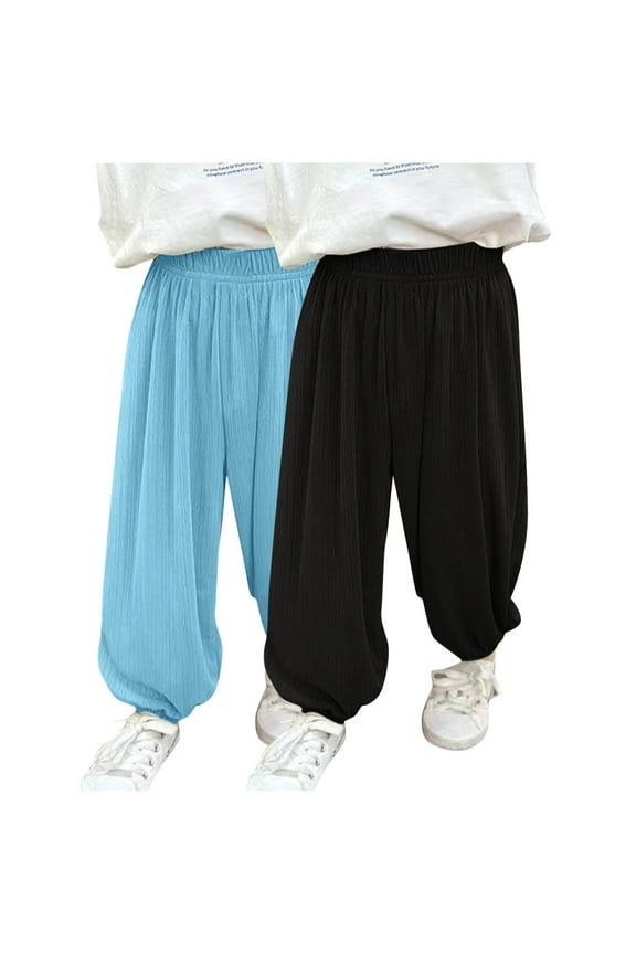 Girls Pants 2 Pack - Soft Cotton Summer Cooling Long Pants Loose Fit Cinched Bottom Elastic Waist Trouser (2 Years, Black|Blue)