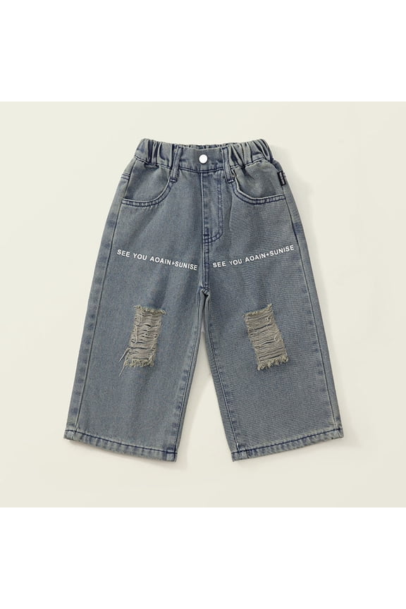 Girls Pants Activities Ripped Denim Wide Leg Letter Print Soft Stretchy Trousers