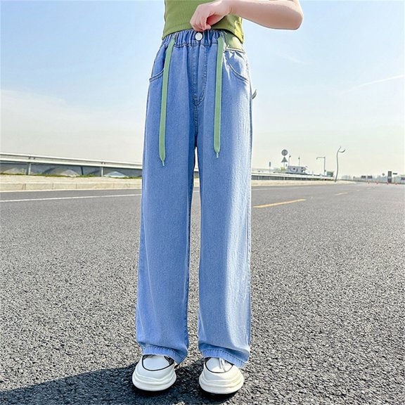 Girls Pants,Big Kids Girls' Summer Drawstring Jeans Daily Wearing Thin Casual Pants Loose Wide Leg Pants,Girls Jeans,12 Blue,5-6 Years